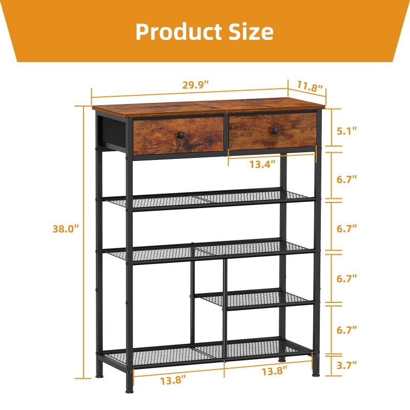 Snughome Shoe Rack, 5 Tier Shoe Storage Organizer with 2 Drawers, Shoe Storage Shelves with Sturdy Wooden Top and Metal Shelves, Free Standing Shoe Rack for Entryway Closet - Image 2