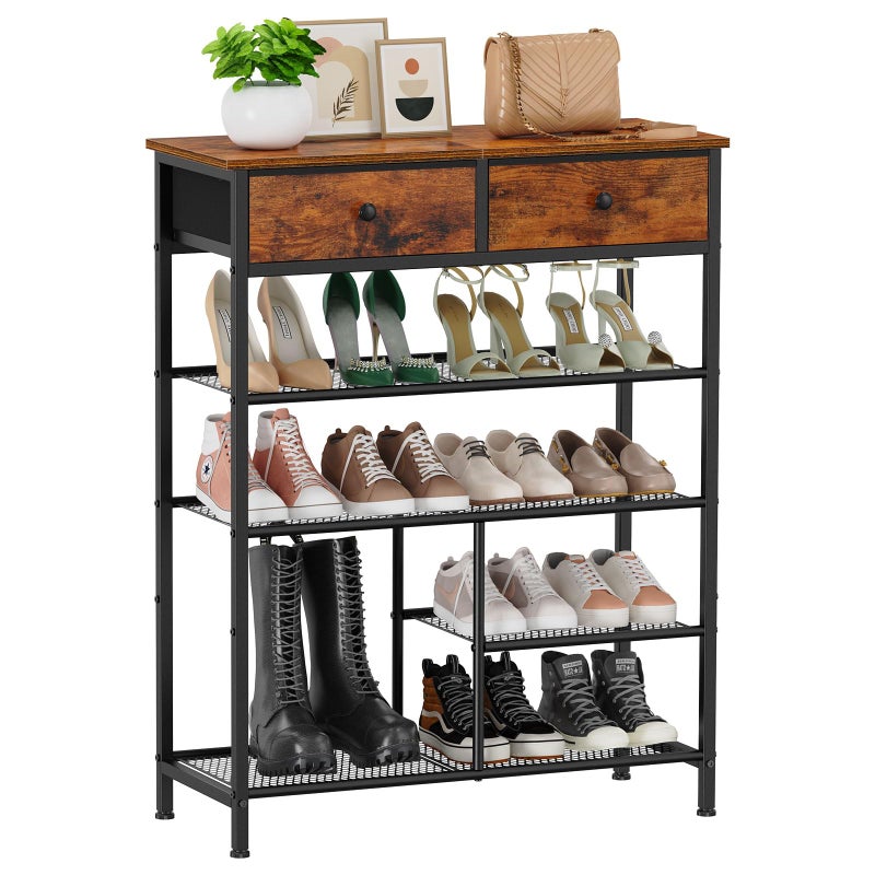 Snughome Shoe Rack, 5 Tier Shoe Storage Organizer with 2 Drawers, Shoe Storage Shelves with Sturdy Wooden Top and Metal Shelves, Free Standing Shoe Rack for Entryway Closet - Image 1