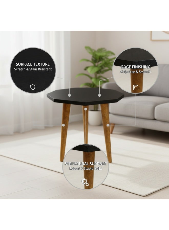 FENDI HOME FendiHome Modern Octagonal Side Table - Minimalist End Table for Living Room & Bedroom - Coffee Table with Natural Solid Wood Legs - Geometric Accent Table for Office & Home Decor (Black) - Image 3