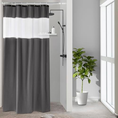 UFRIDAY Dark Gray Shower Curtain with White Mesh Window, Fabric Bathroom Shower Curtain with Weighted Bottom Hem, 48 x 72 inch, Waterproof - Image 1