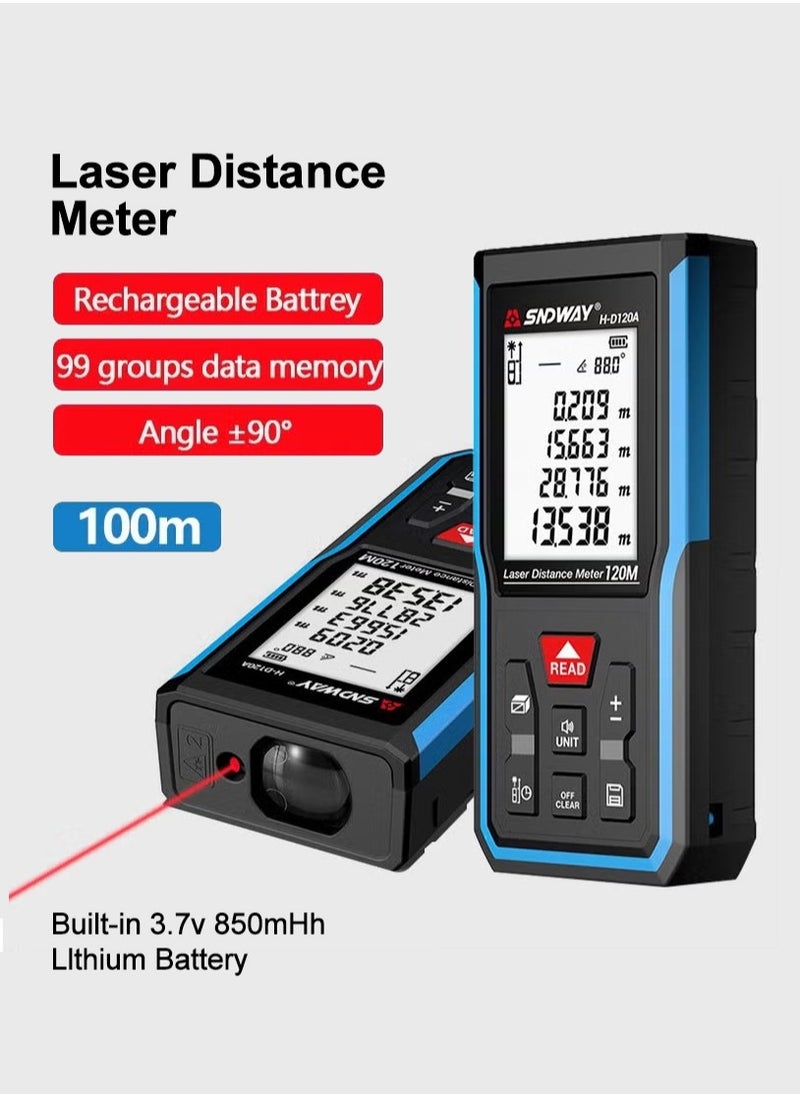 Generic - 100m Laser Measuring Instrument, Laser Measuring Tool, ±1/10 inch accuracy, metre/inch/foot unit switching, backlit LCD and Pythagoras mode, USB rechargeable for distance, area and volume measurement - Image 1