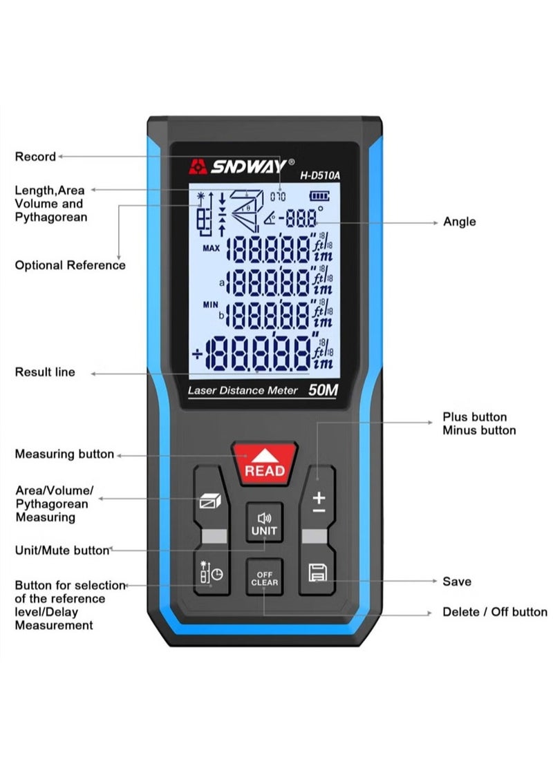 Generic - 100m Laser Measuring Instrument, Laser Measuring Tool, ±1/10 inch accuracy, metre/inch/foot unit switching, backlit LCD and Pythagoras mode, USB rechargeable for distance, area and volume measurement - Image 1