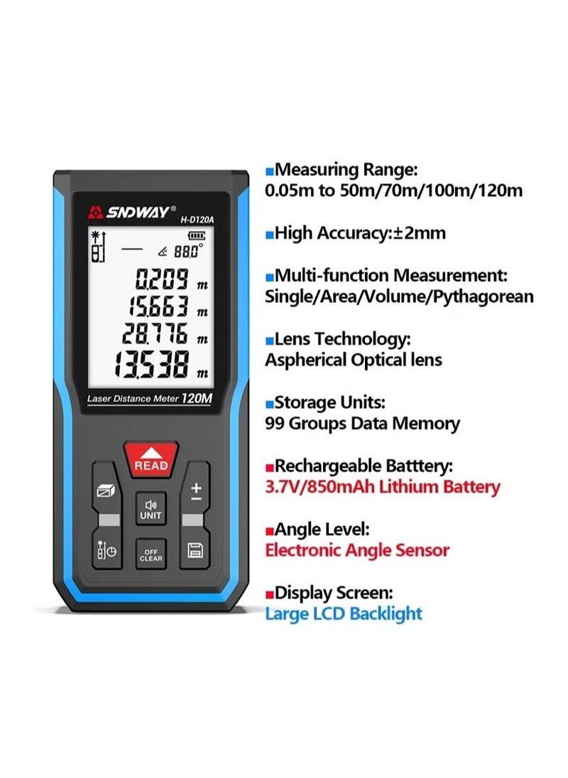 Generic - 100m Laser Measuring Instrument, Laser Measuring Tool, ±1/10 inch accuracy, metre/inch/foot unit switching, backlit LCD and Pythagoras mode, USB rechargeable for distance, area and volume measurement - Image 1