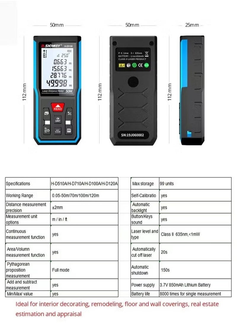 Generic - 100m Laser Measuring Instrument, Laser Measuring Tool, ±1/10 inch accuracy, metre/inch/foot unit switching, backlit LCD and Pythagoras mode, USB rechargeable for distance, area and volume measurement - Image 1