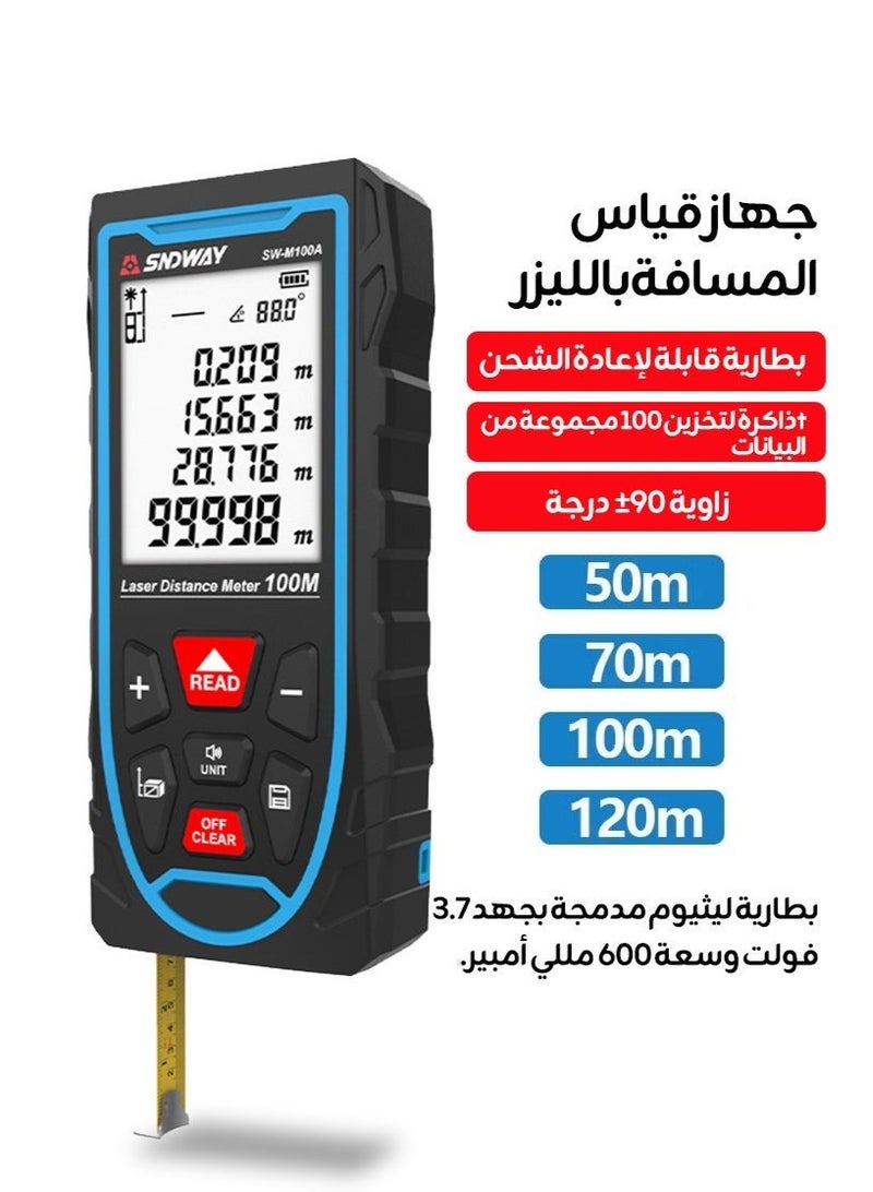 SNDWAY 100m Laser Measuring Instrument, Laser Measuring Tool, ±1/10 inch accuracy, metre/inch/foot unit switching, backlit LCD and Pythagoras mode, USB rechargeable for distance, area and volume measurement - Image 2