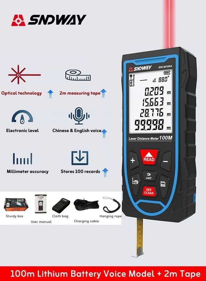 SNDWAY 100m Laser Measuring Instrument, Laser Measuring Tool, ±1/10 inch accuracy, metre/inch/foot unit switching, backlit LCD and Pythagoras mode, USB rechargeable for distance, area and volume measurement - Image 1