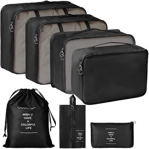 Niwlix Nylon Travel Organizer 7 In 1 Packing Cube For Travel Space Saver Laundry Cosmetics Luggage Makeup Bag Organizers Set With Shoe Bag For Travel (Black) - Image 1