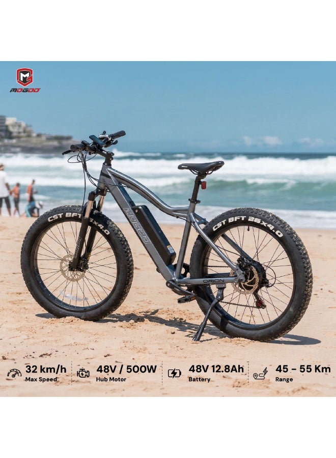 Mogoo 26" ORION Fat Tyre Electric Bike – 48V 500W Motor, LG 12.8Ah Battery, Shimano 7-Speed, Dual Disc Brakes, 5-Level Pedal Assist, 45–55km Range – Off-Road Fat E-Bike for Adults - Black - Image 4