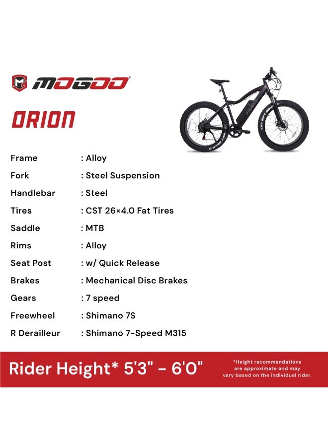 Mogoo 26" ORION Fat Tyre Electric Bike – 48V 500W Motor, LG 12.8Ah Battery, Shimano 7-Speed, Dual Disc Brakes, 5-Level Pedal Assist, 45–55km Range – Off-Road Fat E-Bike for Adults - Black - Image 5