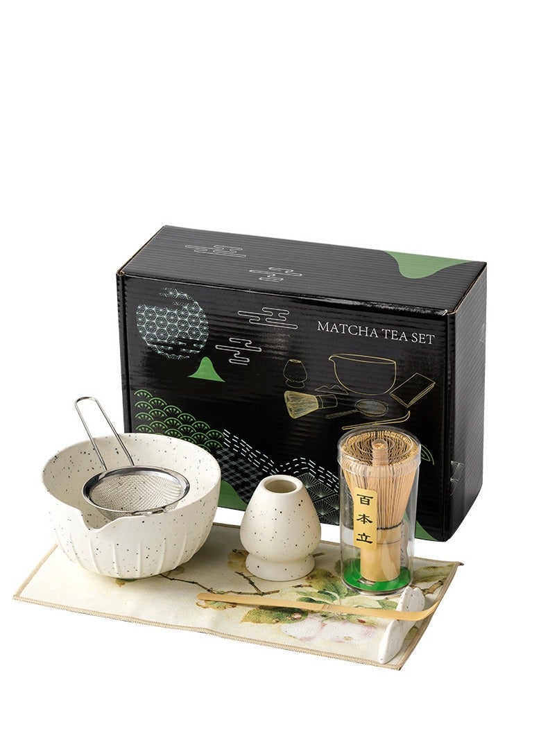 Matcha Tea Set: SQ Sand Dot Relief White 7-Piece Set, Including Chasen, Matcha Bowl, Hapin Chasen Stand, and Tea Whisker  - Image 1