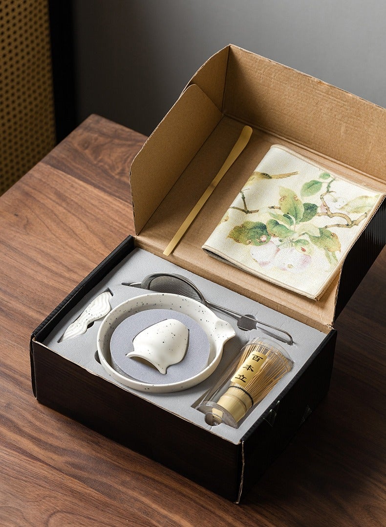 Matcha Tea Set: SQ Sand Dot Relief White 7-Piece Set, Including Chasen, Matcha Bowl, Hapin Chasen Stand, and Tea Whisker  - Image 5