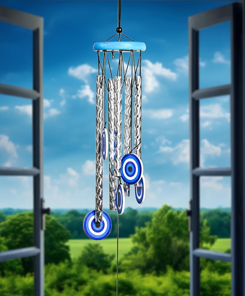 Hindcraft Evil Eye Wind Chimes for Living Room and Bedroom – Home Décor Items for Hanging Decoration, Wall Décor and Showpieces | Perfect Housewarming and Gift Items for Women Silver, 5-Pipe - Image 2