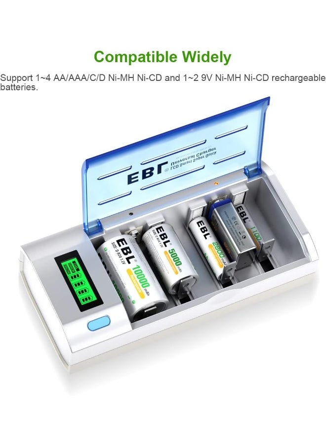 EBL EBL Smart Battery Charger for C D AA AAA 9V Ni-MH Ni-CD Rechargeable Batteries with Discharge Function & LCD Display  - Image 3