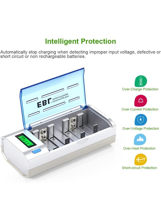EBL - EBL Smart Battery Charger for C D AA AAA 9V Ni-MH Ni-CD Rechargeable Batteries with Discharge Function & LCD Display - Image 1