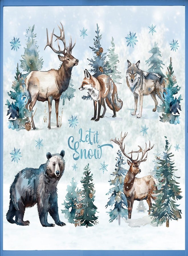 Mfault Watercolor Winter Forest Animal Window Clings, Let It Snow Woodland Bear Reindeer Wolf Fox Pine Tree Stickers Decals Decorations, Christmas Wildlife Snowflake Home Living Room Kitchen Decor - Image 1