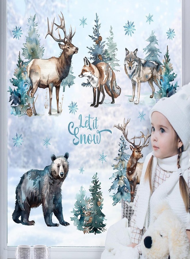 Mfault Watercolor Winter Forest Animal Window Clings, Let It Snow Woodland Bear Reindeer Wolf Fox Pine Tree Stickers Decals Decorations, Christmas Wildlife Snowflake Home Living Room Kitchen Decor - Image 3