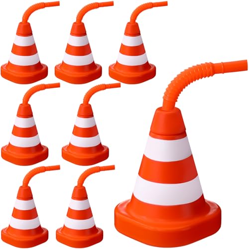 Sawysine 8 Pack Construction Cone Cups with Straws Bulk Traffic Cones Party Favor 10 oz Plastic Reusable Kids Race Cups Set for Construction Traffic Theme Racing Car Birthday Party Supplies - Image 1