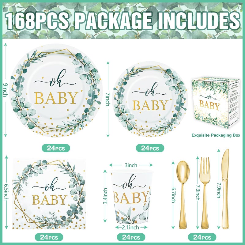 Gudvilla 168 PCS Sage Green Baby Shower Decorations Neutral, Baby Shower Plates and Cups and Napkins Sets Serves 24, Oh Baby Plates for Boy, Gender Reveal, Green and Gold Plant Eucalyptus Boho - Image 2
