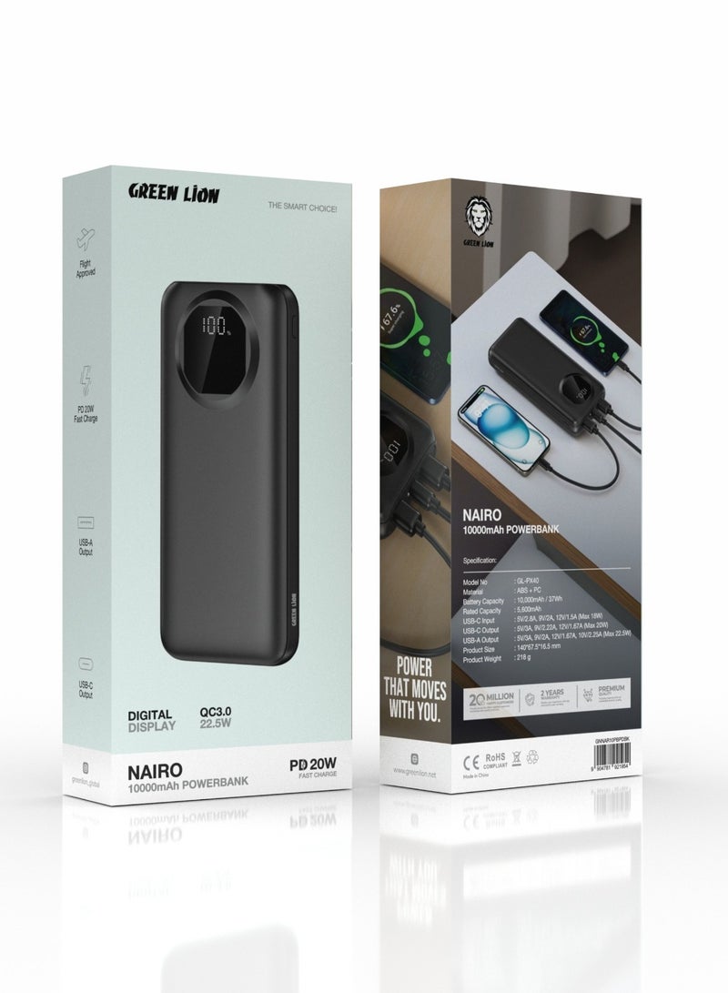 GREEN LION Nairo Power Bank 10000mAh with USB-C Output and USB-A Output / PD 20W Fast Charger Powerbank 10000 mAh/ Digital Display / Flight Approved / Power Bank with QC 3.0 22.5W - Black - Image 3