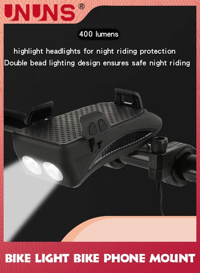 يو إن يو إن أس Bike Phone Mount And Front Light Set,USB Rechargeable Holder,Adjustable Bicycle Holder Handlebar Headlight With Horn Trumpet,Fits Mountain - Image 3