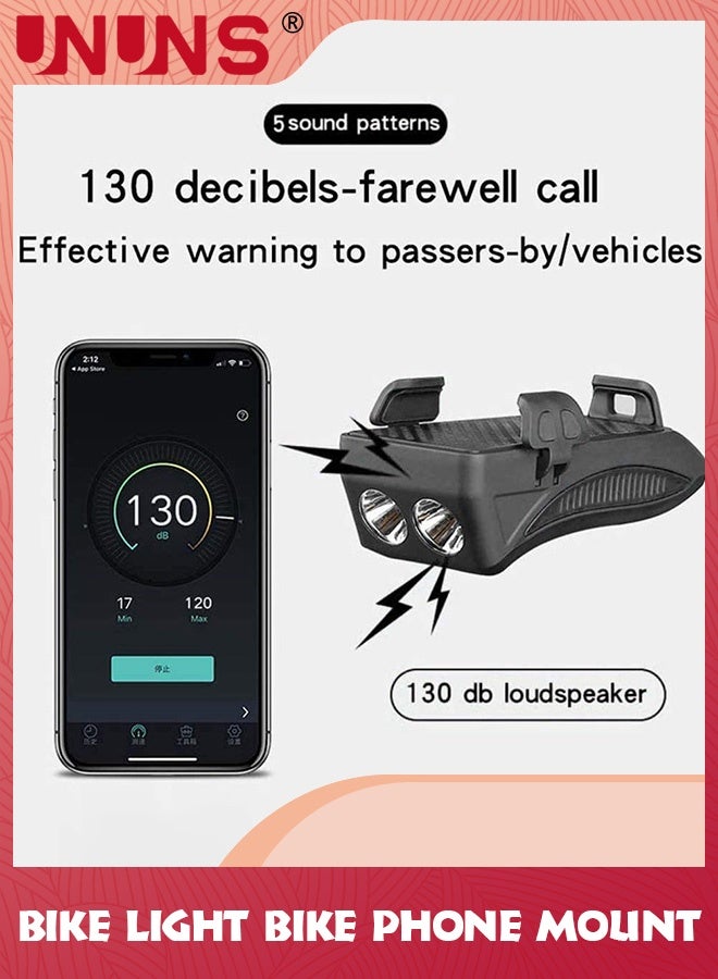 يو إن يو إن أس Bike Phone Mount And Front Light Set,USB Rechargeable Holder,Adjustable Bicycle Holder Handlebar Headlight With Horn Trumpet,Fits Mountain - Image 2