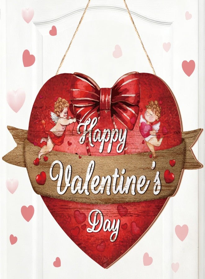 Queekay Happy Valentines Sign Wooden Heart Front Door Hanger Red Valentines Gift Hanging Wreath Decoration for Farmhouse Home Porch Window Wall Decor - Image 1