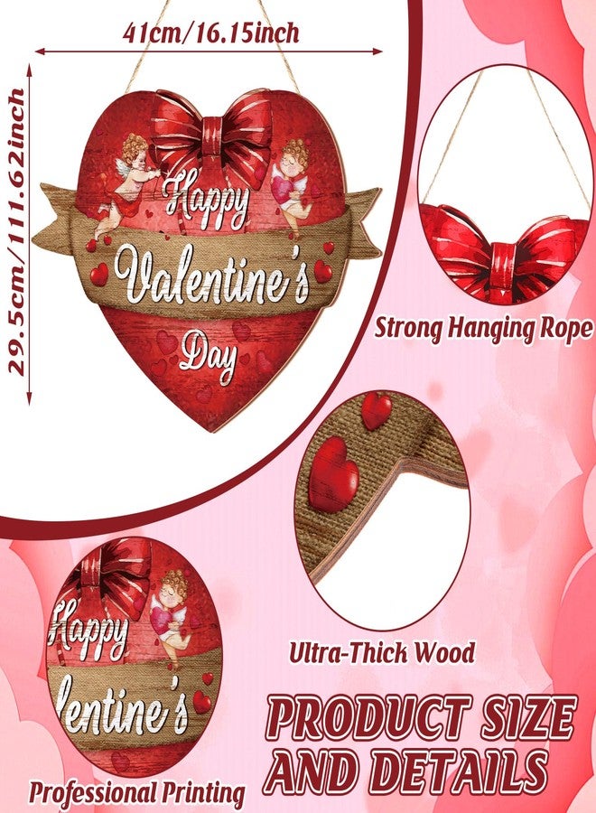 Queekay Happy Valentines Sign Wooden Heart Front Door Hanger Red Valentines Gift Hanging Wreath Decoration for Farmhouse Home Porch Window Wall Decor - Image 2