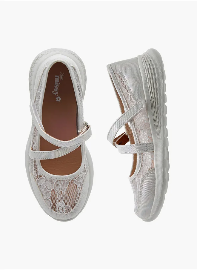 Little Missy Girls Lace Detail Mary Jane Shoes with Hook and Loop Closure
