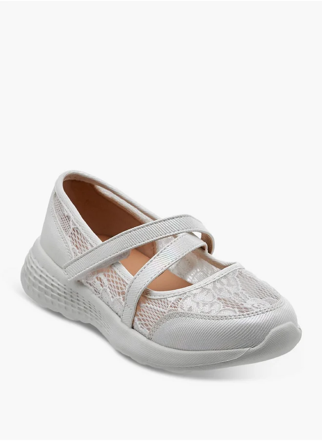 Little Missy Girls Lace Detail Mary Jane Shoes with Hook and Loop Closure