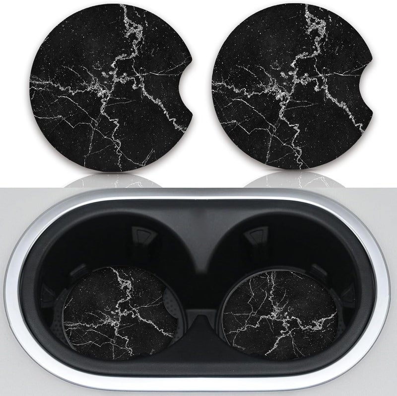 Adastrah Car Accessories for Women&Man, Car Coasters for Cup Holders, Pack of 2 2.75inch Universal Anti Slip Car Assecories, Car Coasters with A Finger Notch(Black Marble) - Image 1