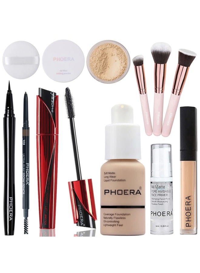 Hilareco PHOERA Foundation,PHOERA 9D Mascara,PHOERA Makeup Foundation Full Coverage,PHOERA Primer, PHOERA Powder, PHOERA Concealer, Kabuki Brushes Makeup Foundation Brush Powder Brush Concealer Brush - Image 1