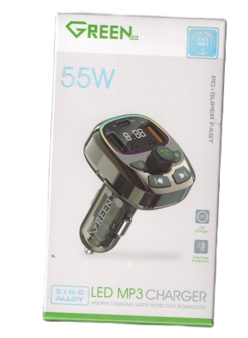 GREEN 55W Bluetooth Car FM Transmitter with LED Display & Fast Charging Port - Image 2