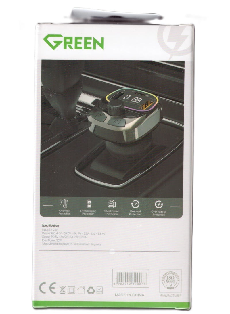 GREEN 55W Bluetooth Car FM Transmitter with LED Display & Fast Charging Port - Image 3