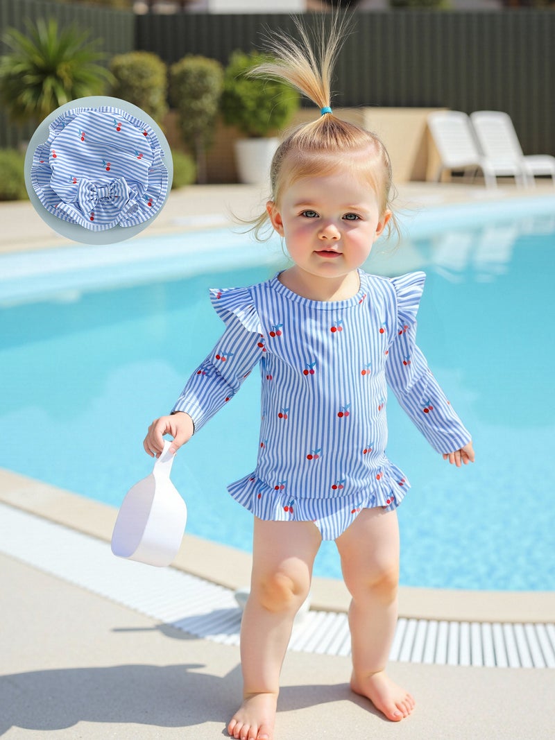 Baby Girl Rash Guard Swimsuit Long Sleeve Stripes/Ocean Animal Print Bathing Suit Infant Swimwear with Sun Hat - Image 1