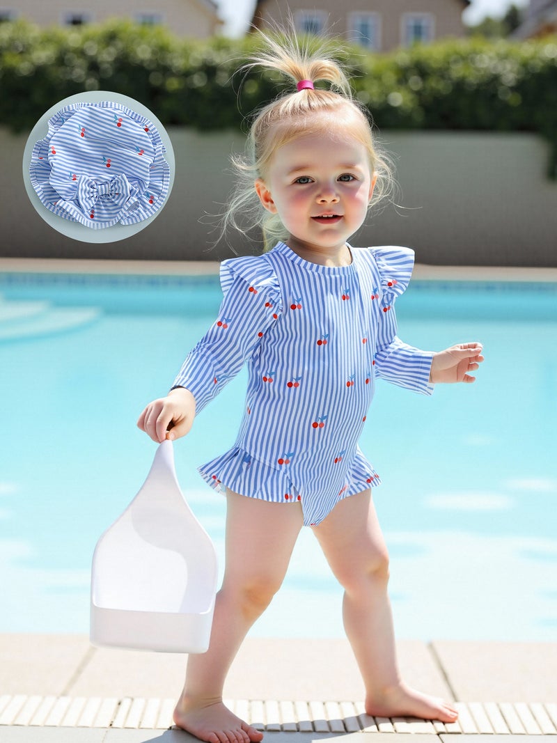 Baby Girl Rash Guard Swimsuit Long Sleeve Stripes/Ocean Animal Print Bathing Suit Infant Swimwear with Sun Hat - Image 4