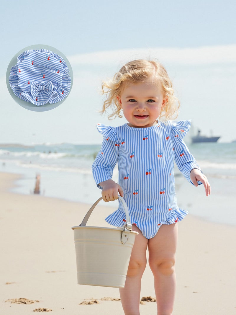 Baby Girl Rash Guard Swimsuit Long Sleeve Stripes/Ocean Animal Print Bathing Suit Infant Swimwear with Sun Hat - Image 3