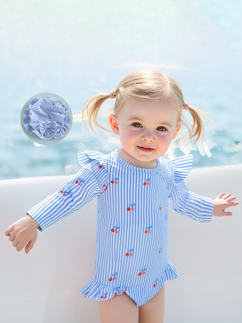 Baby Girl Rash Guard Swimsuit Long Sleeve Stripes/Ocean Animal Print Bathing Suit Infant Swimwear with Sun Hat - Image 5