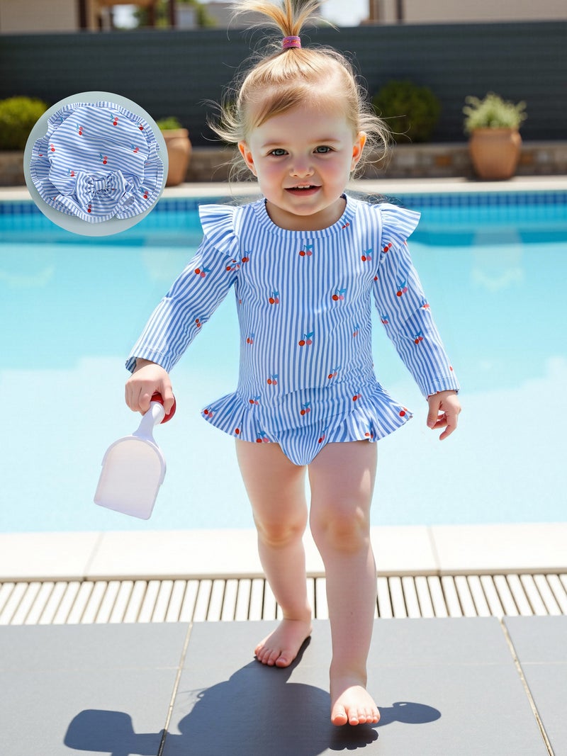 Baby Girl Rash Guard Swimsuit Long Sleeve Stripes/Ocean Animal Print Bathing Suit Infant Swimwear with Sun Hat - Image 2