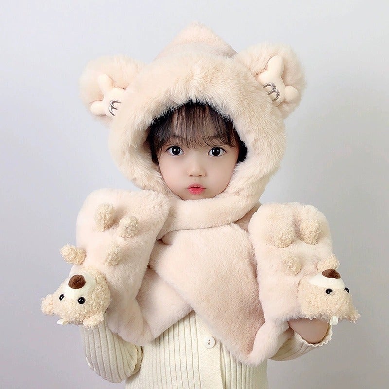 Kids Winter Hat Scarf Gloves Set Beige (doll bear)