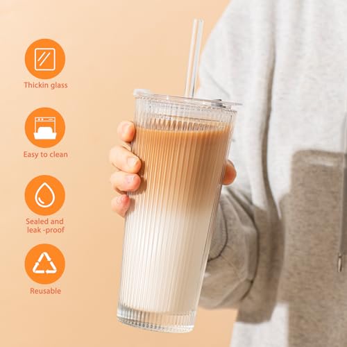 SoulTimes 16oz Ribbed Glass Tumbler with Lid and Glass Straw – Set of 4 Glass Cups with Lids and Straws for Coffee, Smoothies, Cocktails and More, Reusable Iced Coffee Cups for Daily Use and Travel - Image 5