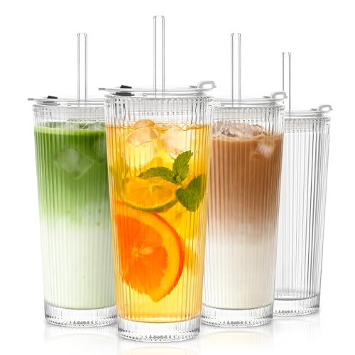 SoulTimes 16oz Ribbed Glass Tumbler with Lid and Glass Straw – Set of 4 Glass Cups with Lids and Straws for Coffee, Smoothies, Cocktails and More, Reusable Iced Coffee Cups for Daily Use and Travel - Image 1