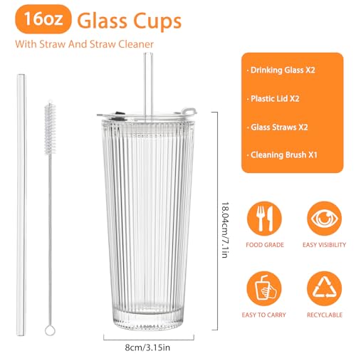 SoulTimes 16oz Ribbed Glass Tumbler with Lid and Glass Straw – Set of 4 Glass Cups with Lids and Straws for Coffee, Smoothies, Cocktails and More, Reusable Iced Coffee Cups for Daily Use and Travel - Image 3