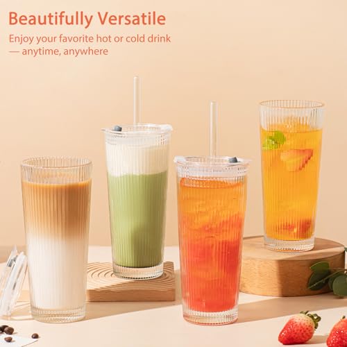 SoulTimes 16oz Ribbed Glass Tumbler with Lid and Glass Straw – Set of 4 Glass Cups with Lids and Straws for Coffee, Smoothies, Cocktails and More, Reusable Iced Coffee Cups for Daily Use and Travel - Image 2