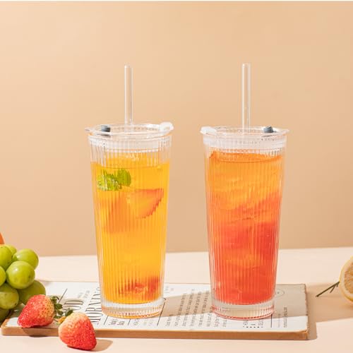 SoulTimes 16oz Ribbed Glass Tumbler with Lid and Glass Straw – Set of 4 Glass Cups with Lids and Straws for Coffee, Smoothies, Cocktails and More, Reusable Iced Coffee Cups for Daily Use and Travel - Image 4