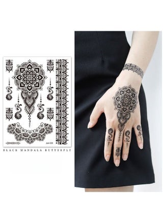٤ قطع ملصقات وشم حناء مؤقتة، فن جسم شبه دائم مقاوم للماء للنساء والرجال، تصاميم زهور وفراشات لليد والذراع والأصابع، مناسبة للأعراس والمهرجانات والحفلات (أسود) - view 4