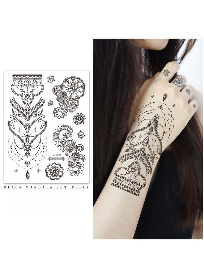 GlamKit 4 Pcs Henna Temporary Tattoo Stickers, Waterproof Semi-Permanent Body Art for Women and Men, Floral Butterfly Designs for Hands Arm Finger, Wedding Festival Party Favor Supplies (Black) - Image 5