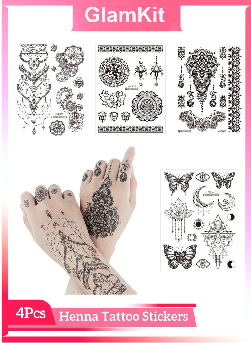 GlamKit 4 Pcs Henna Temporary Tattoo Stickers, Waterproof Semi-Permanent Body Art for Women and Men, Floral Butterfly Designs for Hands Arm Finger, Wedding Festival Party Favor Supplies (Black) - Image 1