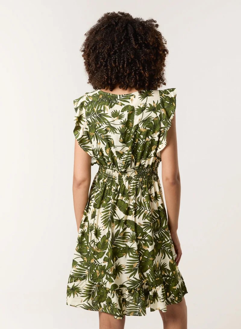 Blue Vanilla Tropical Dress With Palm Leaf Print