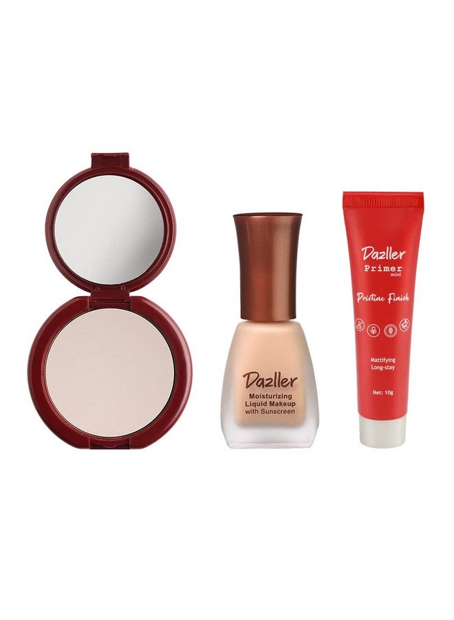 DAZLLER Face Makeup Essentials (Cream 8016) Moisturizing Liquid Makeup 12Ml + Classique Compact Powder 9G + Pristine Finish Primer 10G Lightweight Long Stay Nomakeup Look - Image 1