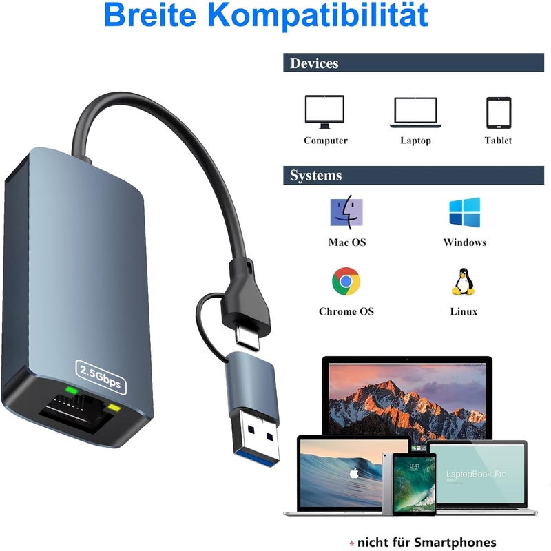 USB C 2.5G Ethernet Adapter, USB 3.0 to RJ45 2500Mbps Ethernet Network Adapter, Compatible with Laptops, PCs with Windows 11/10/8.1/8/7, Vista, Mac OS - Image 5
